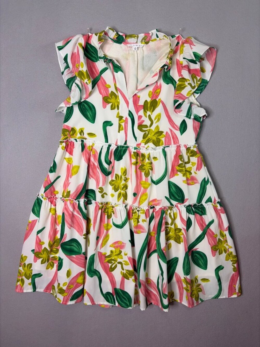 THML Botanical Print Tered Mini Dress Size S Collard Boho Vacation